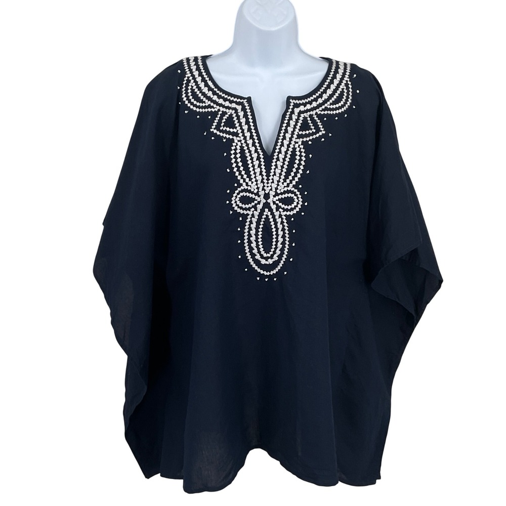 Talbots Kaftan Top Womens L/XL Navy Linen Cotton Embroidered Coastal Boho Resort